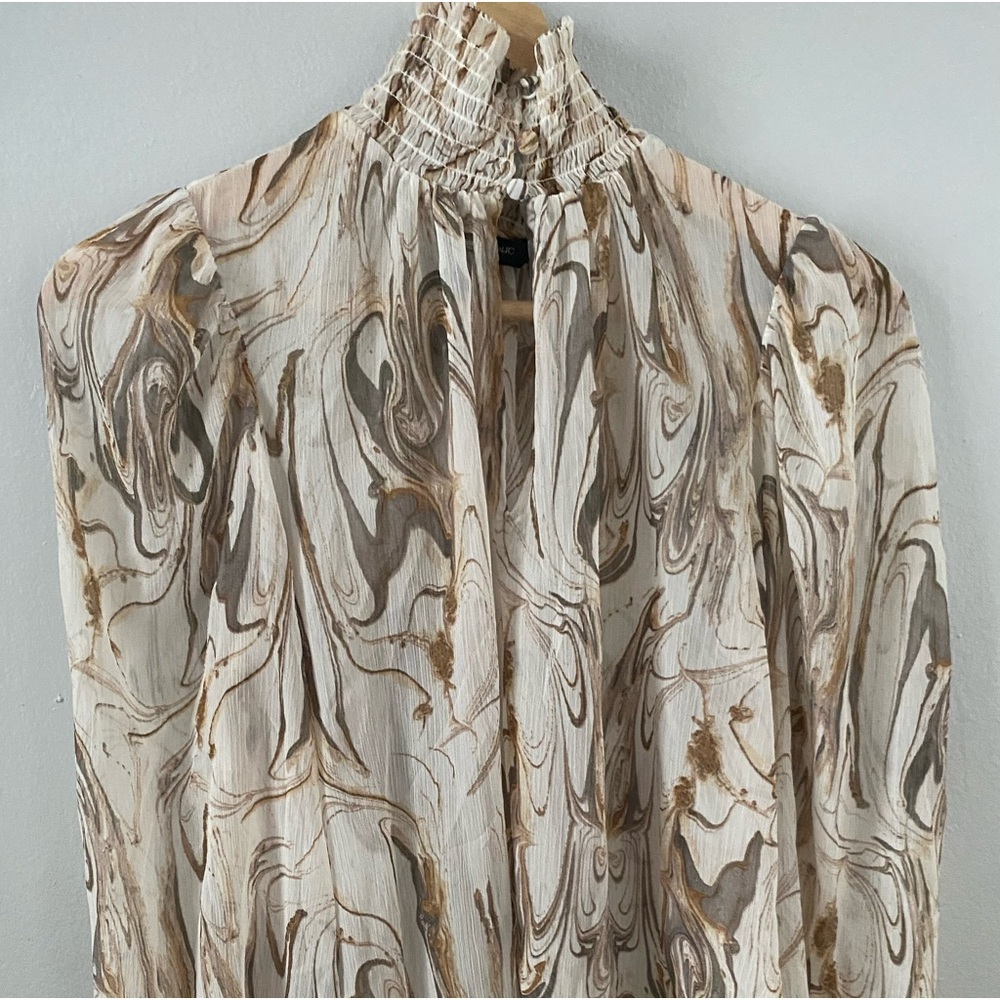 Marbled high collar sheer blouse with bell sleeves NWOT
